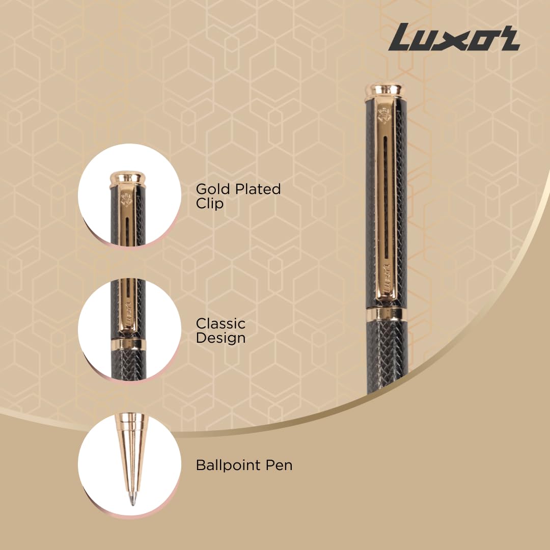 Luxor Royale, Elan, Ball Pen, Pack of 1, Gunmetal Textured Body, Ink Colour- Blue, Gold Trim, Stylish Clip, Sleek & Elegant, The Ultimate Choice for Writers & Professional Gifting – view 3