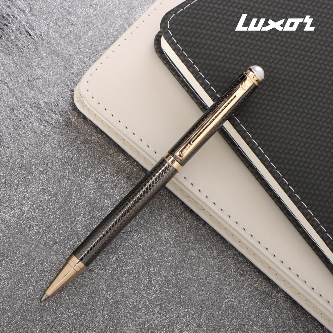 Luxor Royale, Elan, Ball Pen, Pack of 1, Gunmetal Textured Body, Ink Colour- Blue, Gold Trim, Stylish Clip, Sleek & Elegant, The Ultimate Choice for Writers & Professional Gifting – view 5