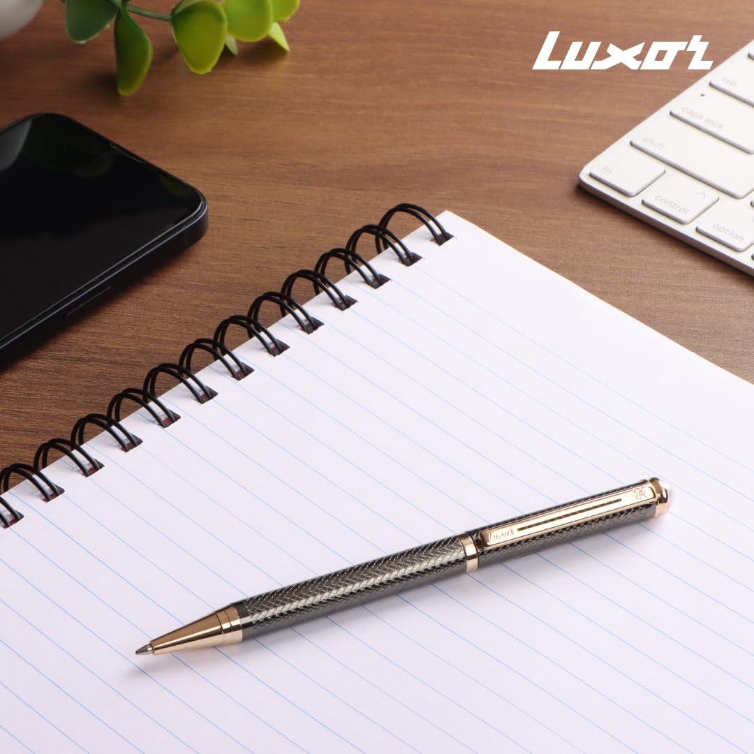 Luxor Royale, Elan, Ball Pen, Pack of 1, Gunmetal Textured Body, Ink Colour- Blue, Gold Trim, Stylish Clip, Sleek & Elegant, The Ultimate Choice for Writers & Professional Gifting – view 6