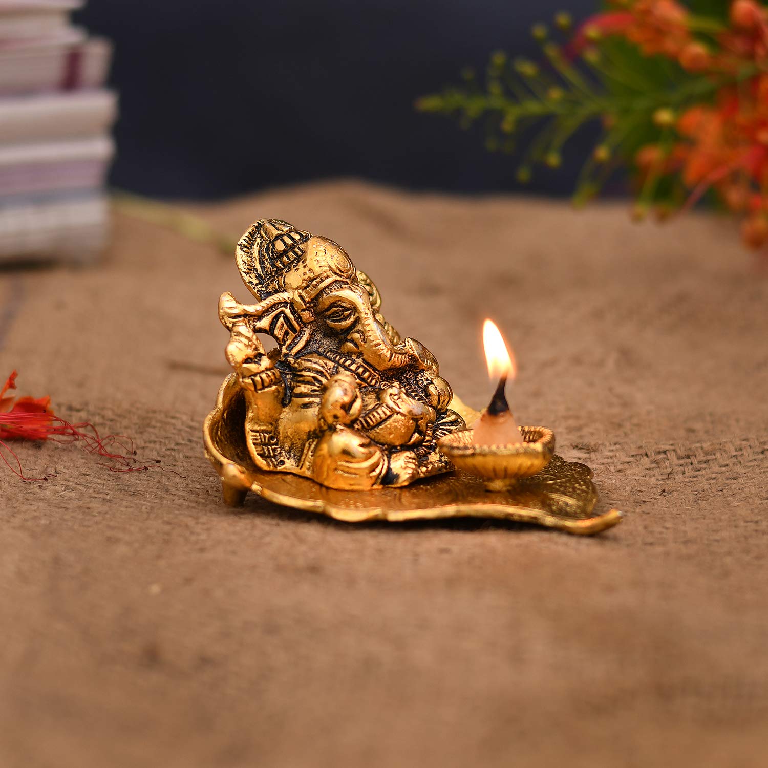 Collectible India Return Gift Ganesh Idol on Leaf - Lord Ganesha with Diya - Metal Diya for Diwali Decoration Items Home Decorative Gift Puja Gifts Corporate, Diwali Gift Item – view 3