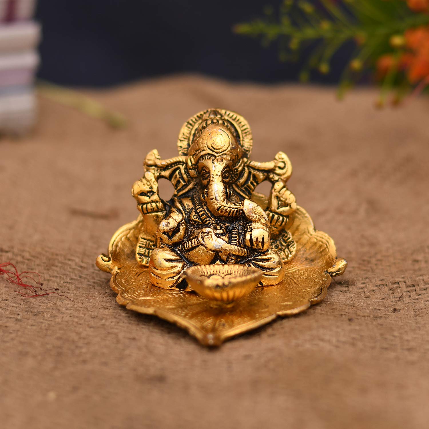 Collectible India Return Gift Ganesh Idol on Leaf - Lord Ganesha with Diya - Metal Diya for Diwali Decoration Items Home Decorative Gift Puja Gifts Corporate, Diwali Gift Item – view 4