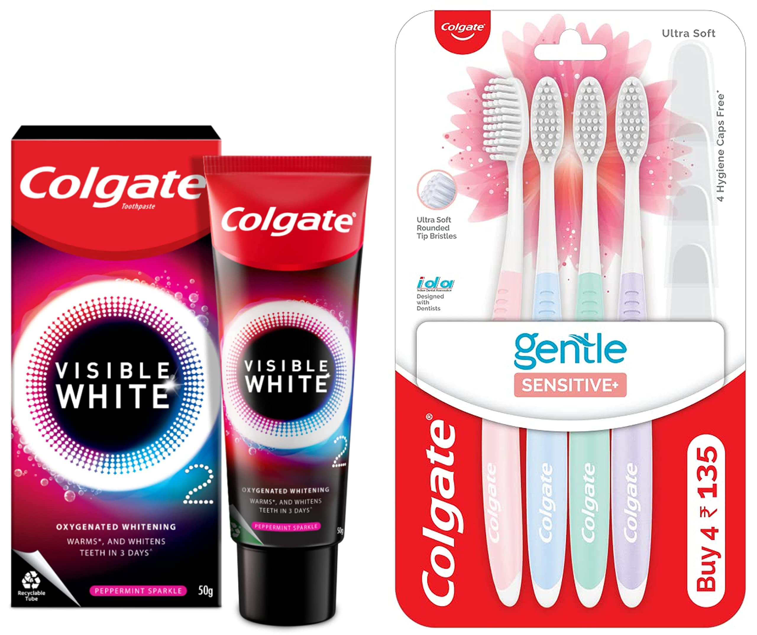 Peppermint Sparkle whitening toothpaste and multicolor soft toothbrush pack