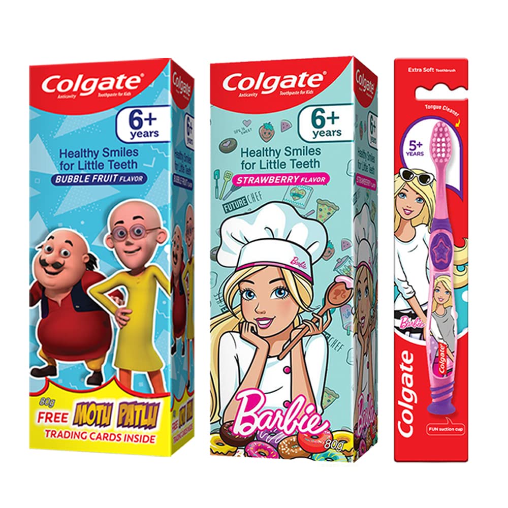 Colgate kids toothpaste variety pack and Barbie compact-head toothbrush