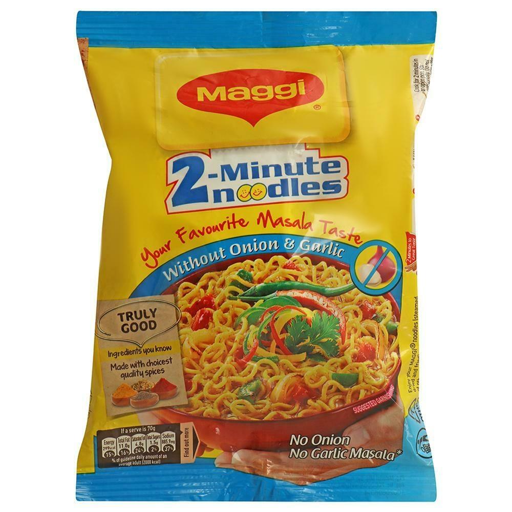 Front pack of Maggi masala noodles no onion no garlic