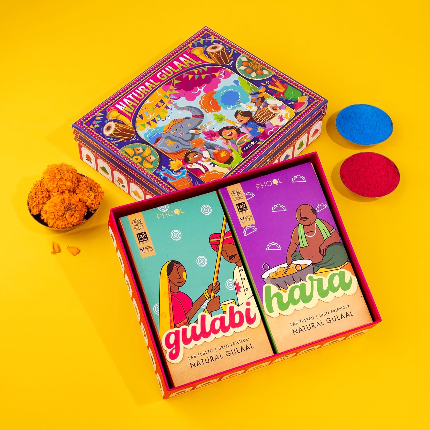 Phool Holi Gulal Box I Basant Collection - Pack of 4 Holi Colours I 400 GMS Gulal Colours of Pink, Green, Blue, Yellow I Natural I Skin Friendly and Certified Holi Colour I Easy to Remove from Skin