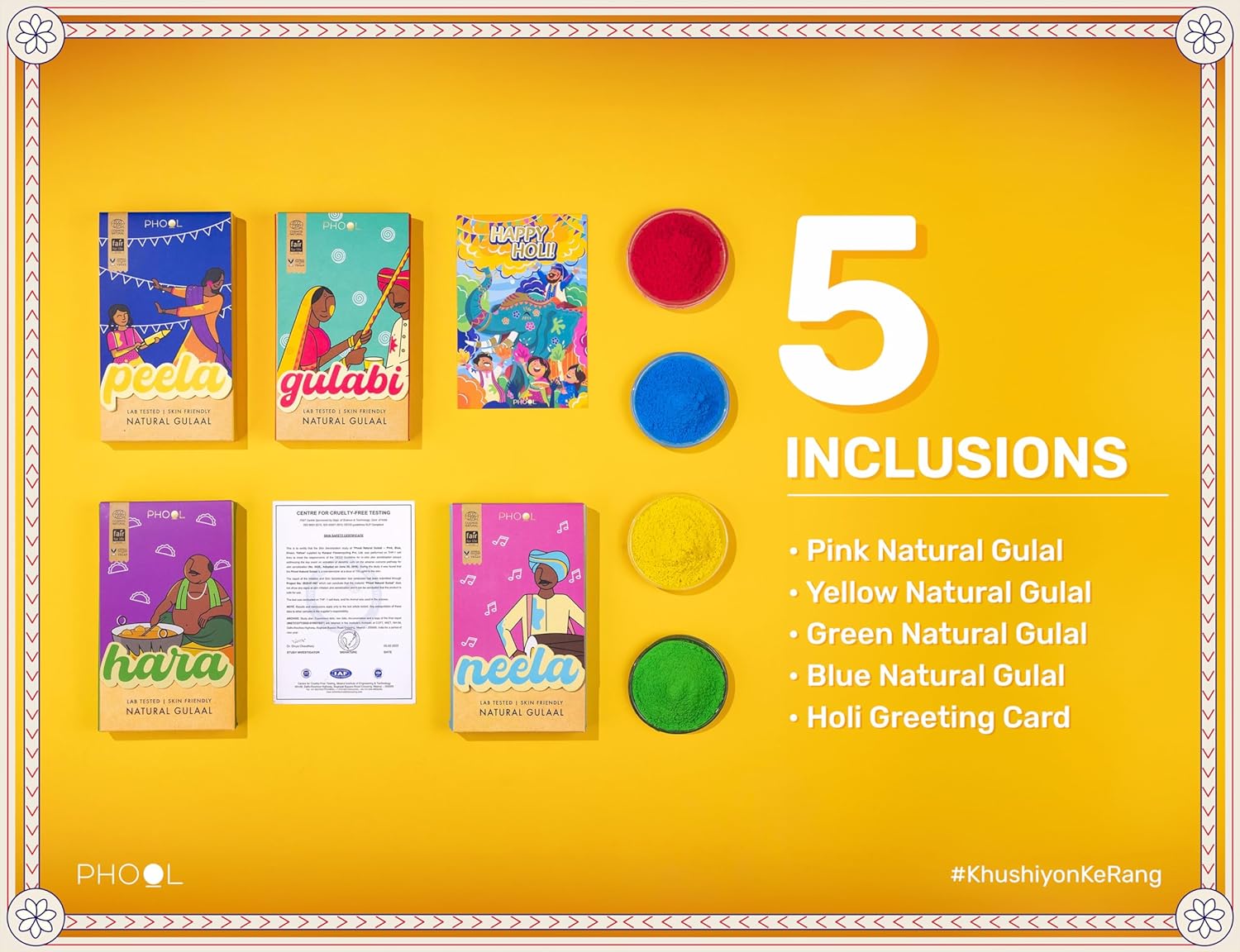 Phool Holi Gulal Box I Basant Collection - Pack of 4 Holi Colours I 400 GMS Gulal Colours of Pink, Green, Blue, Yellow I Natural I Skin Friendly and Certified Holi Colour I Easy to Remove from Skin – view 2