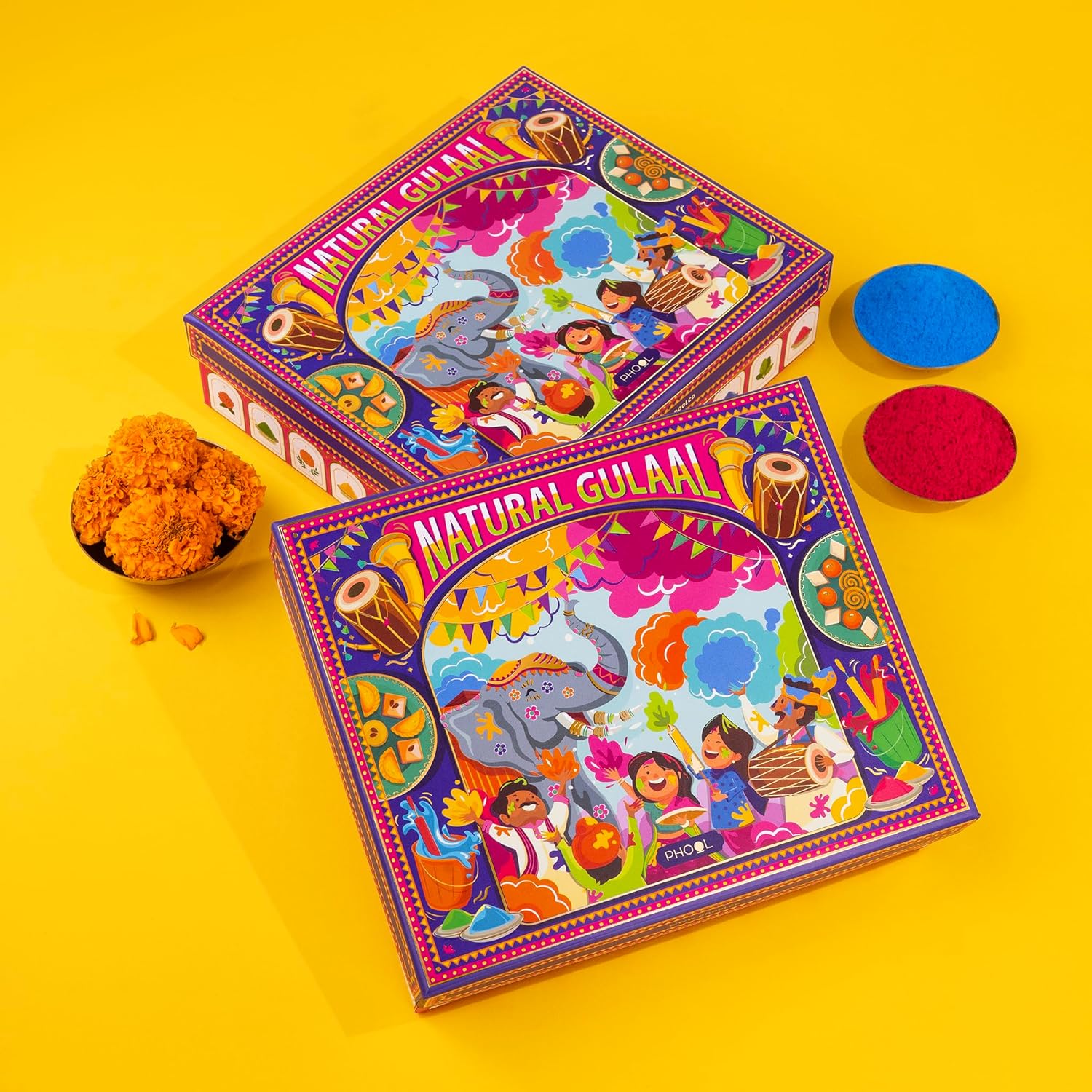 Phool Holi Gulal Box I Basant Collection - Pack of 4 Holi Colours I 400 GMS Gulal Colours of Pink, Green, Blue, Yellow I Natural I Skin Friendly and Certified Holi Colour I Easy to Remove from Skin – view 4