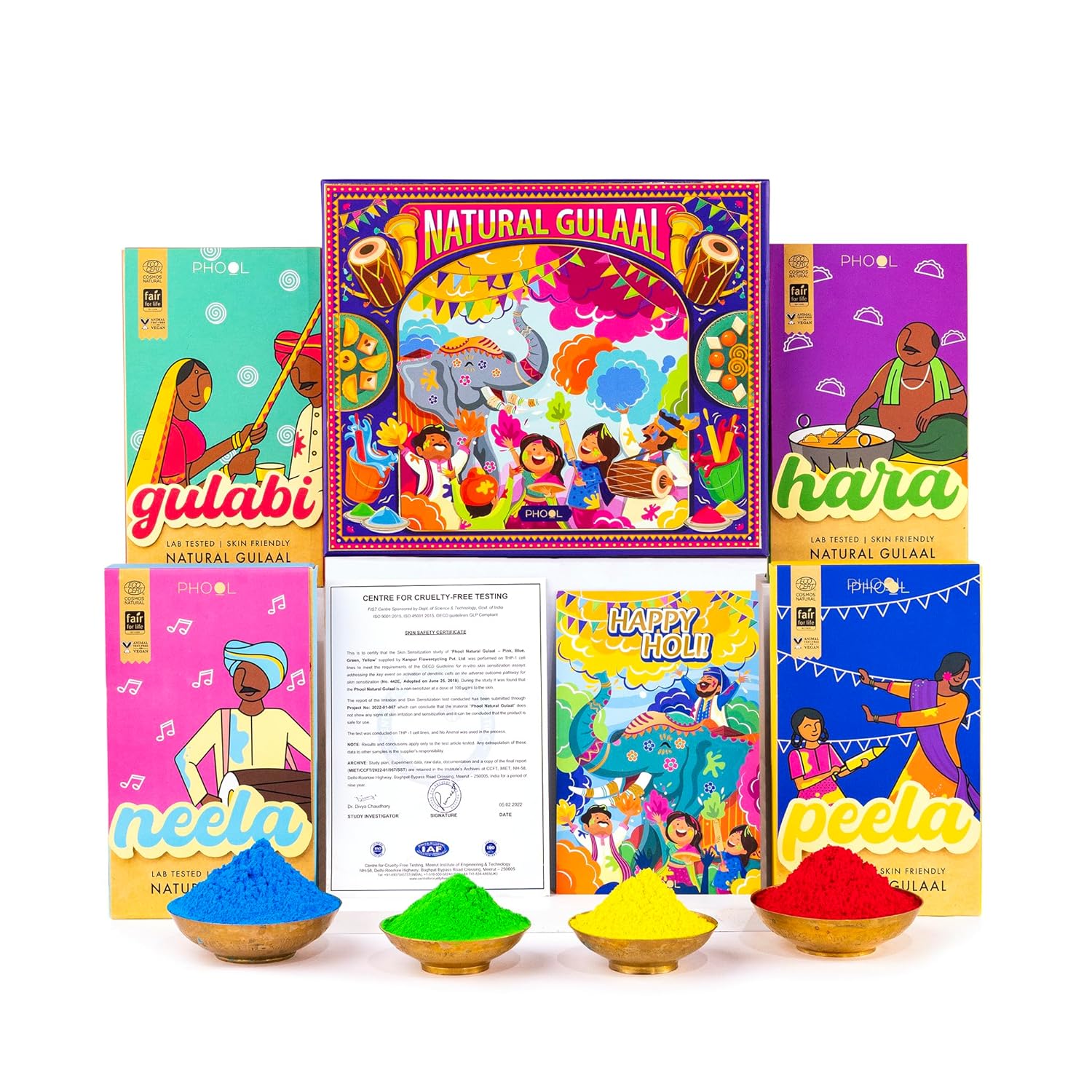 Phool Holi Gulal Box I Basant Collection - Pack of 4 Holi Colours I 400 GMS Gulal Colours of Pink, Green, Blue, Yellow I Natural I Skin Friendly and Certified Holi Colour I Easy to Remove from Skin – view 5