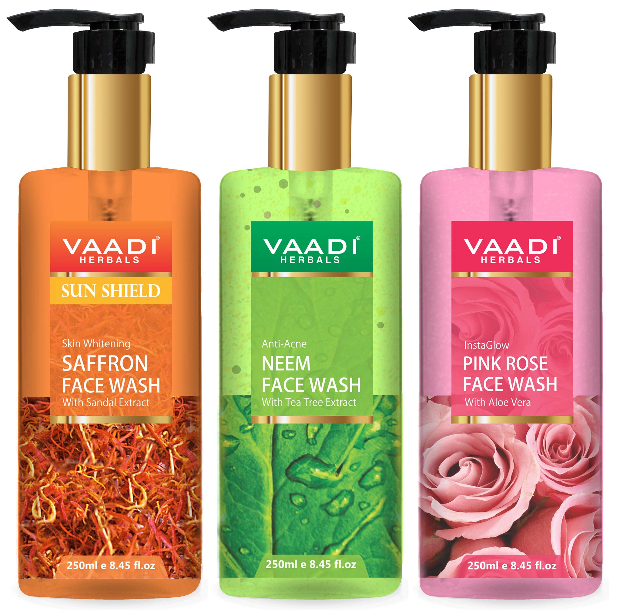 Three Vaadi Herbals face wash tubes in assorted saffron neem rose pack