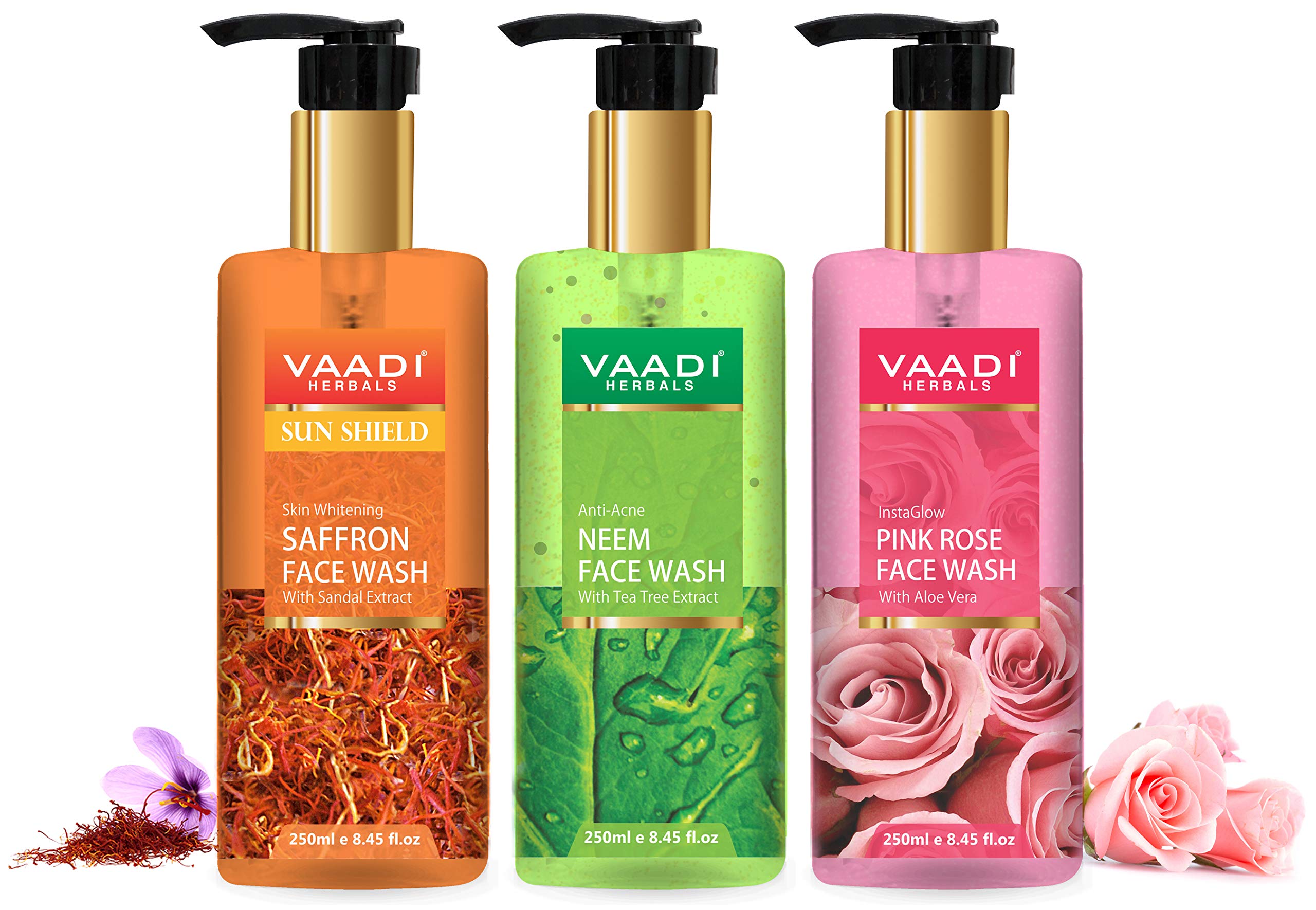 Vaadi Herbals Pvt Ltd Skin Whitening Saffron, Neem & Glow Pink Rose Face Wash, 250 Ml (Pack Of 3) – view 2