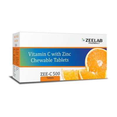 Front pack of Zeelab Zee C 500mg orange chewable tablets
