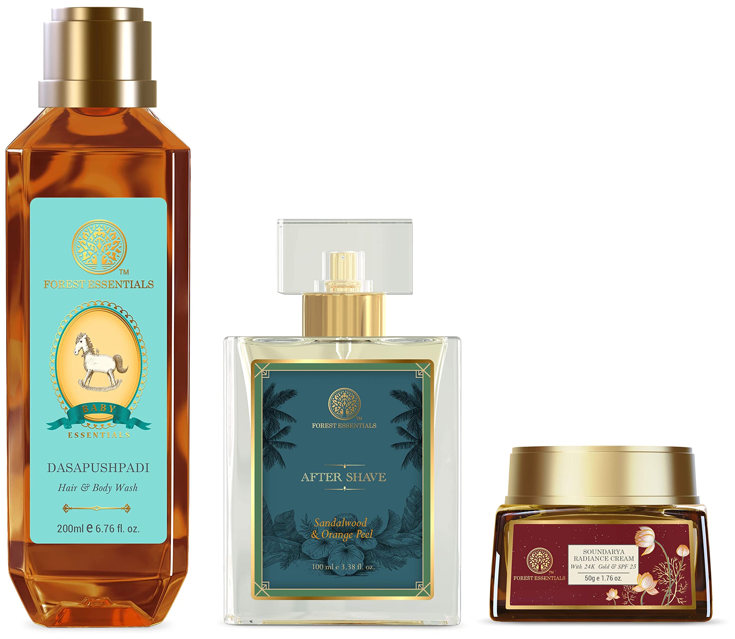 Forest Essentials Soundarya Radiance Cream With 24K Gold & SPF25 & Forest Essentials After Shave Spray Sandalwood & Orange Peel 100ml & Forest Essentials Baby Hair & Body Wash Dasapushpadi 200ml – view 1