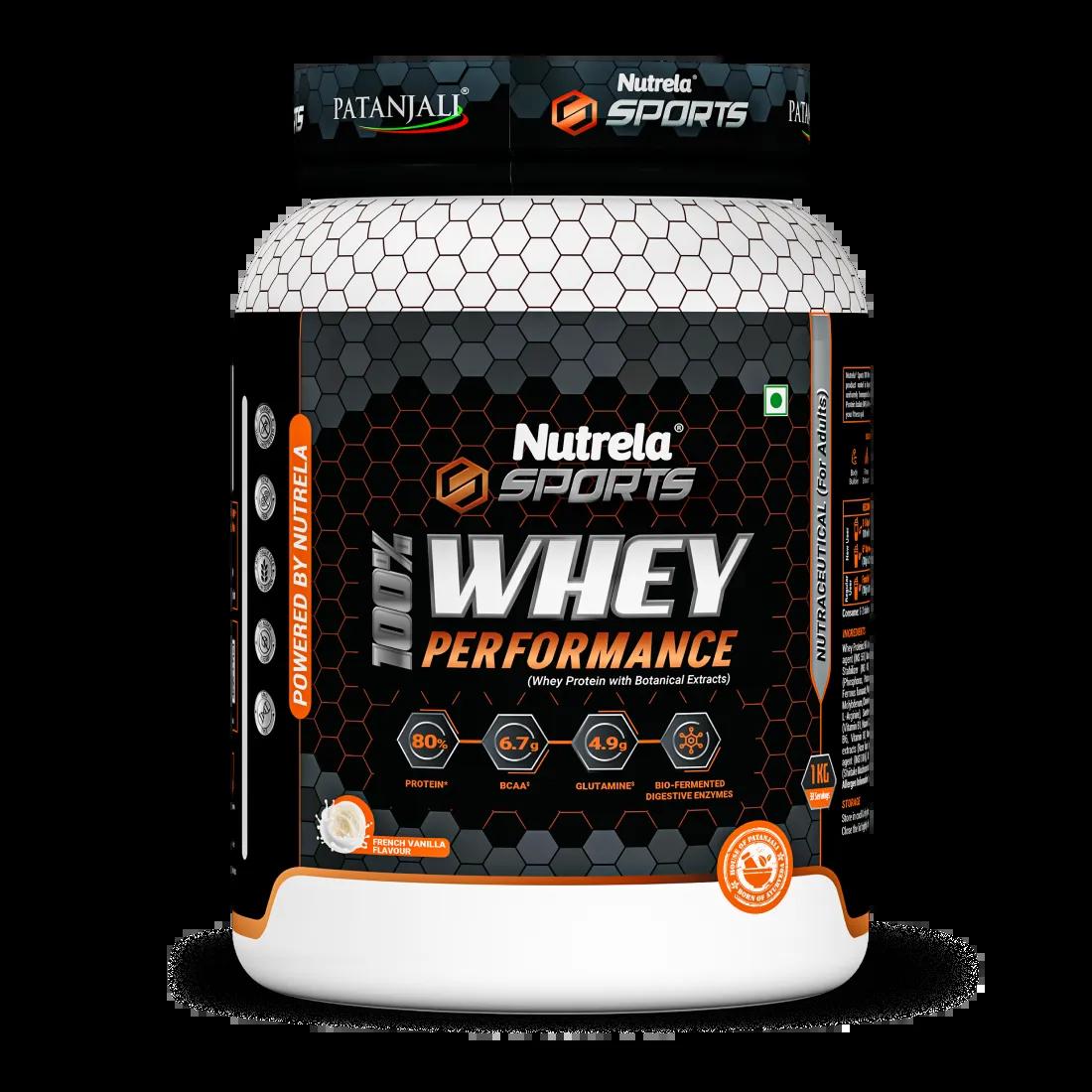 Patanjali Nutrela whey protein bottle in French Vanilla 1kg