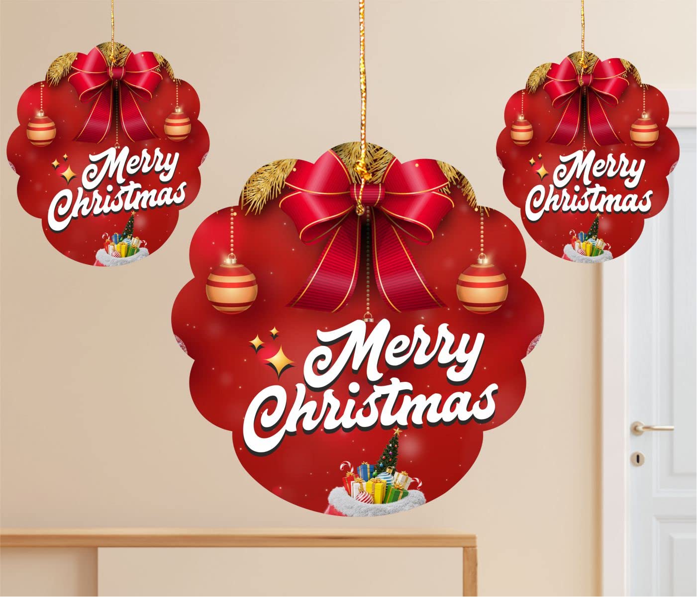 TOYXE Merry Christmas Printed Paper Card Hanging Decoration Red White Set of 10 Pcs
