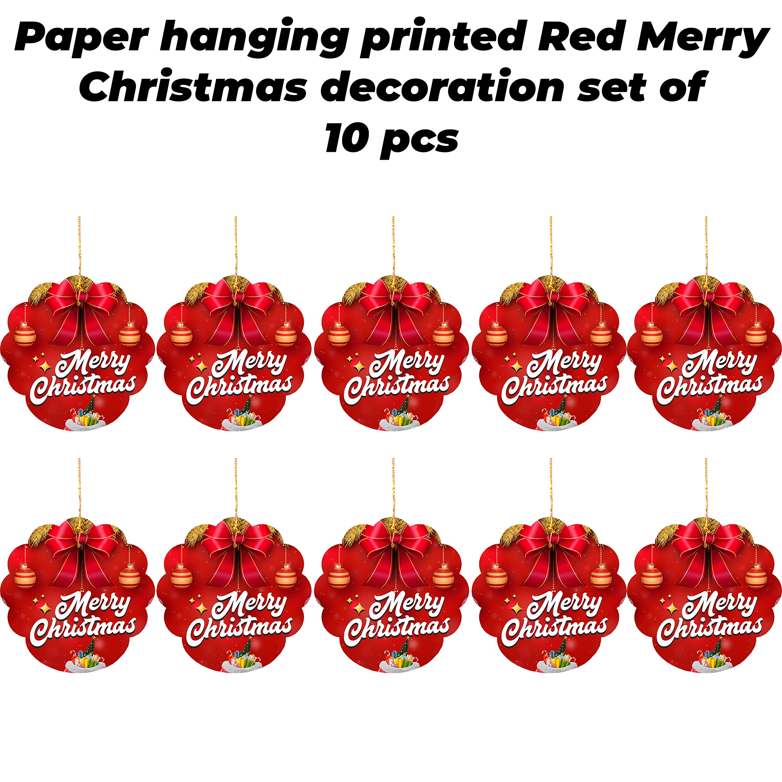 TOYXE Merry Christmas Printed Paper Card Hanging Decoration Red White Set of 10 Pcs – view 3