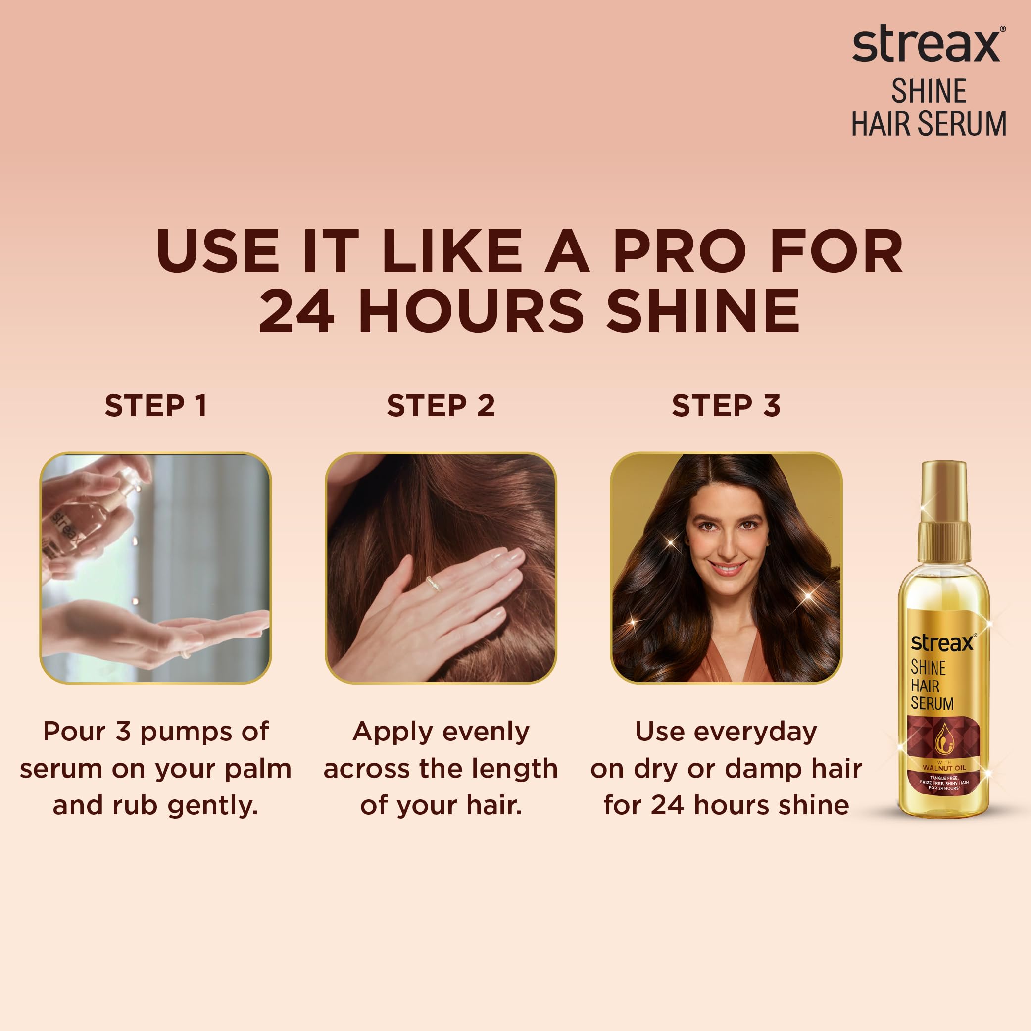 Streax Hair Serum 200ml, Hair serum for Dry & Frizzy Hair, for Women & Men, for Curly Hair, Wavy Hair, Straight Hair, Silk & Shine Vitalised with Walnut Oil – view 4