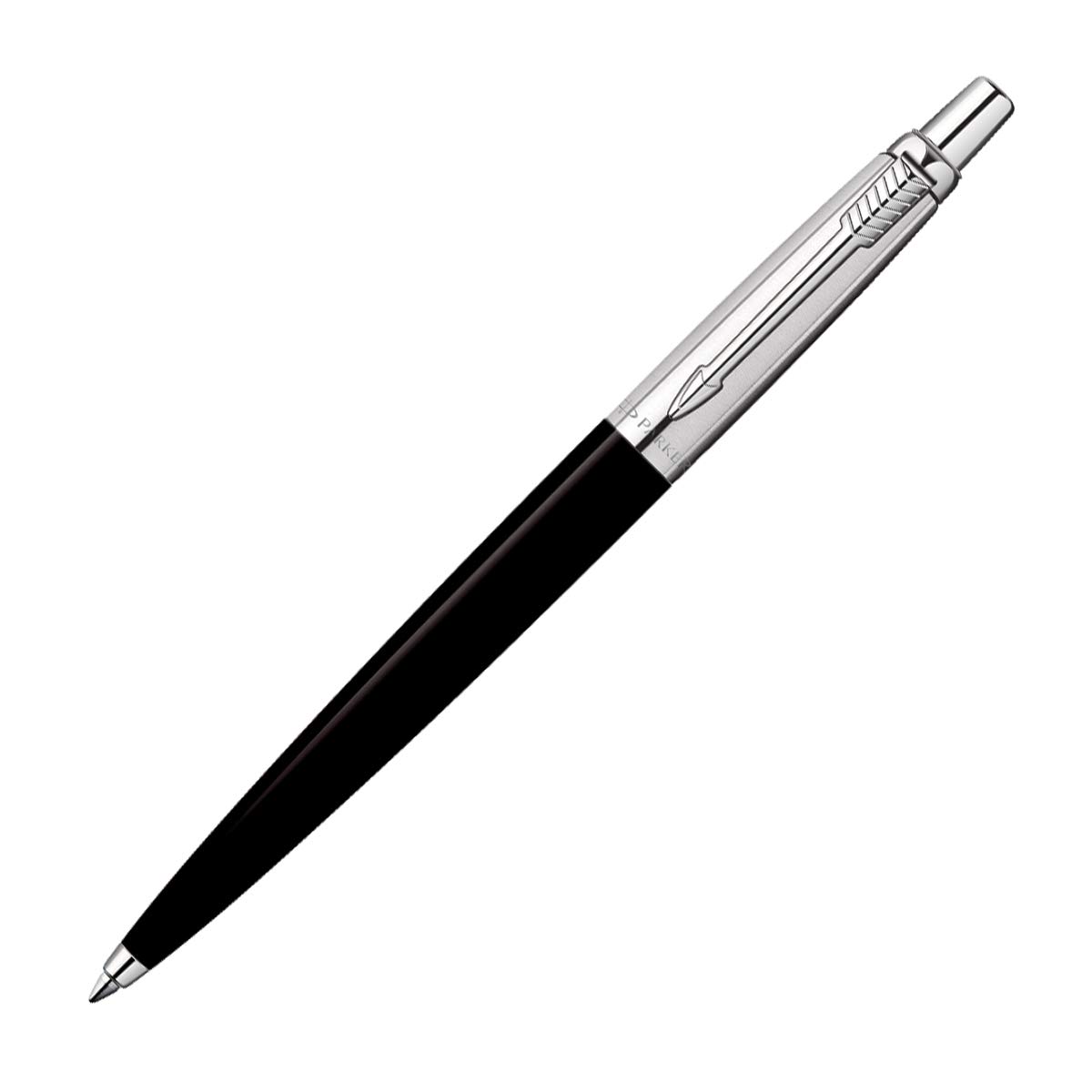 Black Parker Jotter click pen showing arrow clip and chrome trim