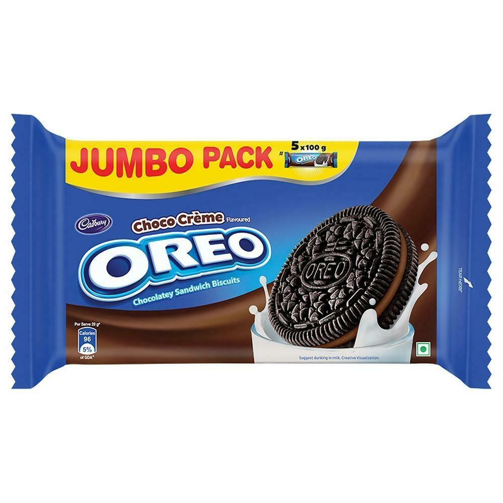 Cadbury Oreo chocolate sandwich biscuits jumbo box front view
