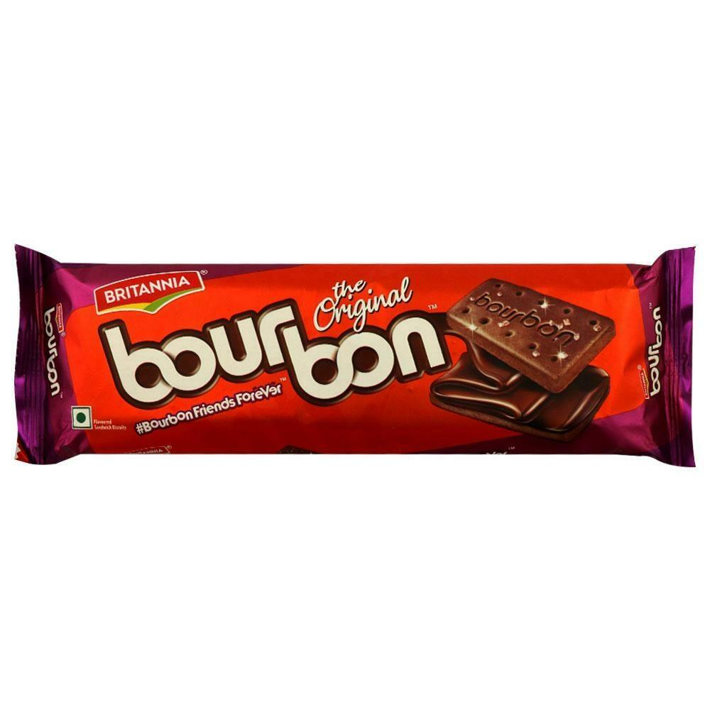 Front view of Britannia Bourbon chocolate biscuit 150 g pouch