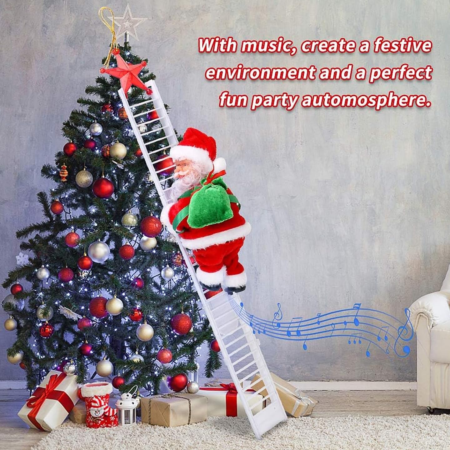 TIED RIBBONS Santa Claus on Ladder (Multi, 24 cm x 12 cm) Santa Climbing Ladder Doll Decoration Toy for Xmas Party Home Door Wall Decoration - Christmas Decorations for Home – view 4