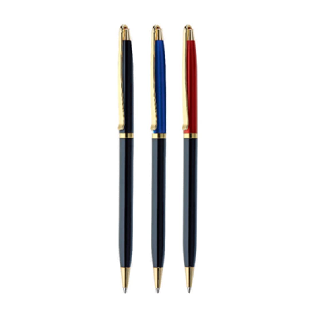 Slim blue metal ball point pen with twist closure and clip