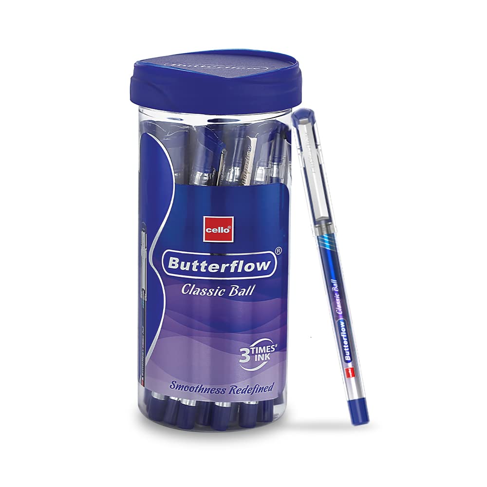 Jar of 20 Cello Butterflow blue ball pens