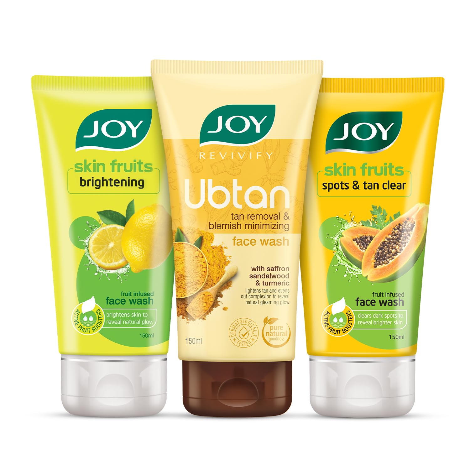 Three Joy gel face washes in lemon papaya ubtan variants