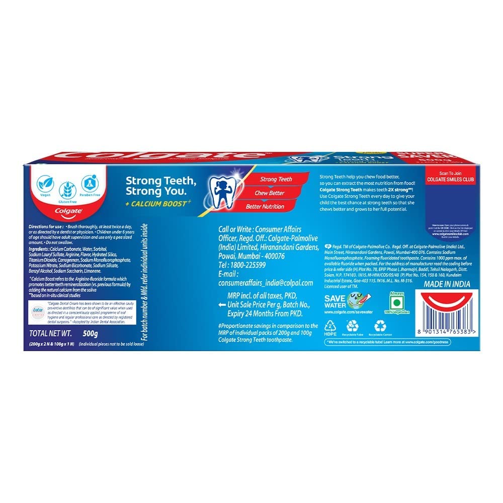 SSI Collgate Strong Teeth 500g (200g x 2 + 100g, Pack of 3) Cavity Protection Toothpaste, Colgate Toothpaste with Calcium Boost, Saver Pack, India's No.1 Toothpaste – view 8