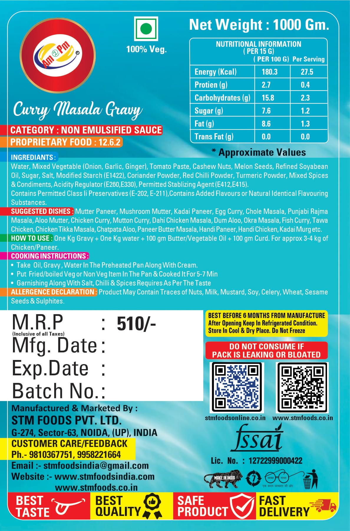 Am 2 Pm - Curry Masala Gravy Ready To Cook Paste Masala Gravy Mix Made with Authentic Spices Ready in 5 Min -1kg – view 3