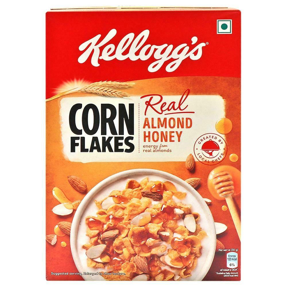 Kellogg's almond honey corn flakes box with golden cereal image