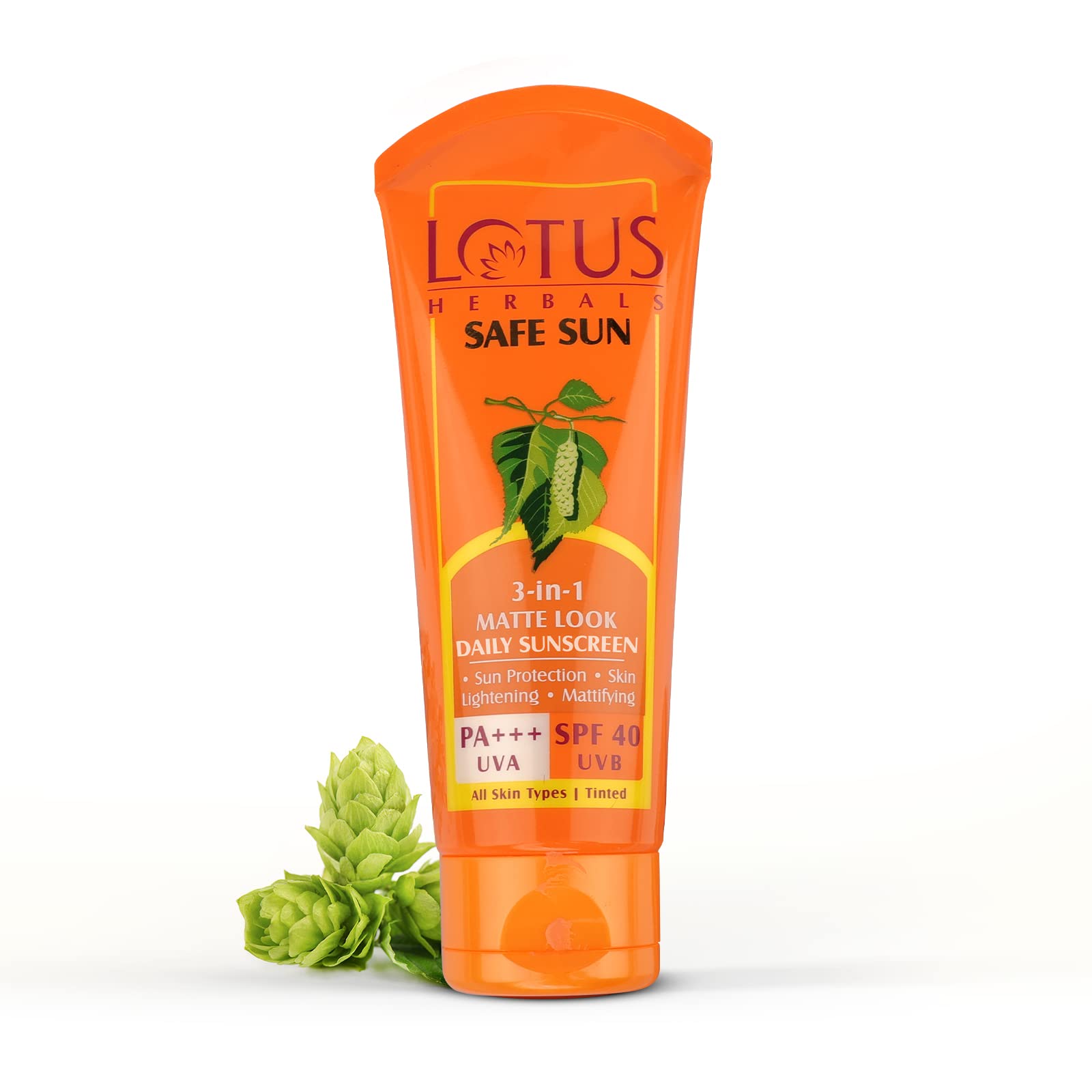 Lotus Herbals SPF 40 tinted matte sunscreen tube front view