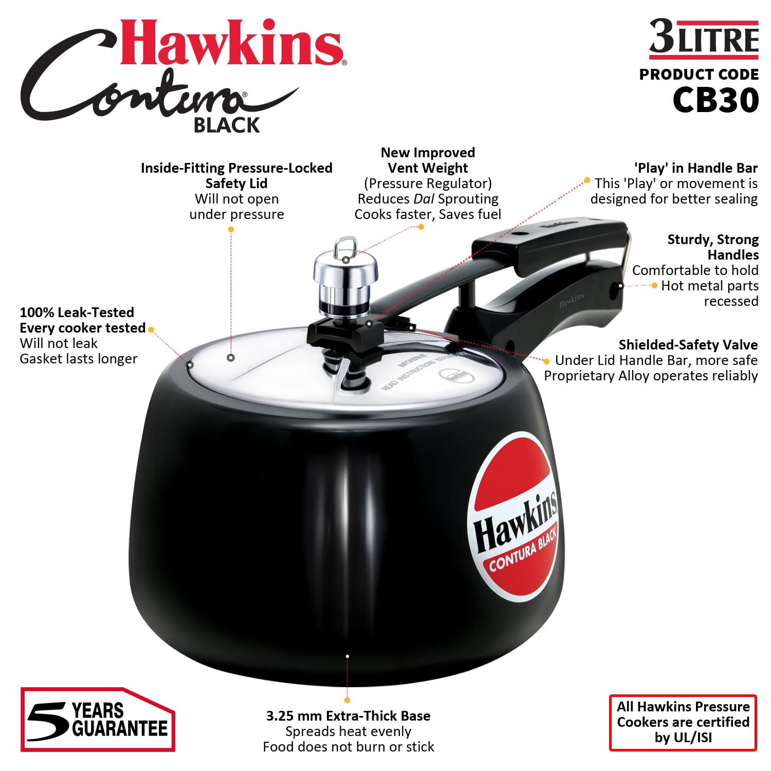 Hawkins 3 Litre Contura Black Pressure Cooker, Hard Anodised Inner Lid Cooker, Handi Cooker, Black (CB30) – view 8