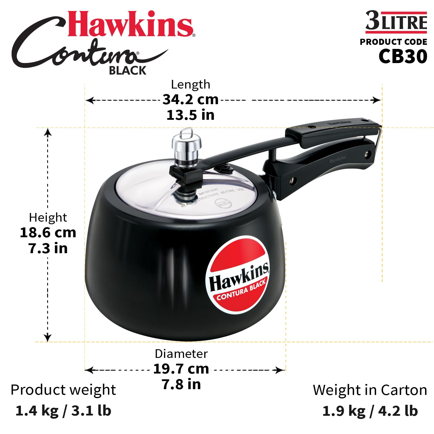 Hawkins 3 Litre Contura Black Pressure Cooker, Hard Anodised Inner Lid Cooker, Handi Cooker, Black (CB30) – view 9