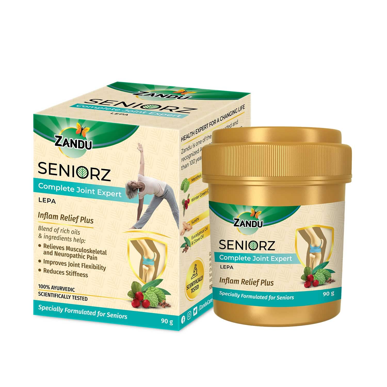 Front view of Zandu Seniorz joint pain balm 90g jar