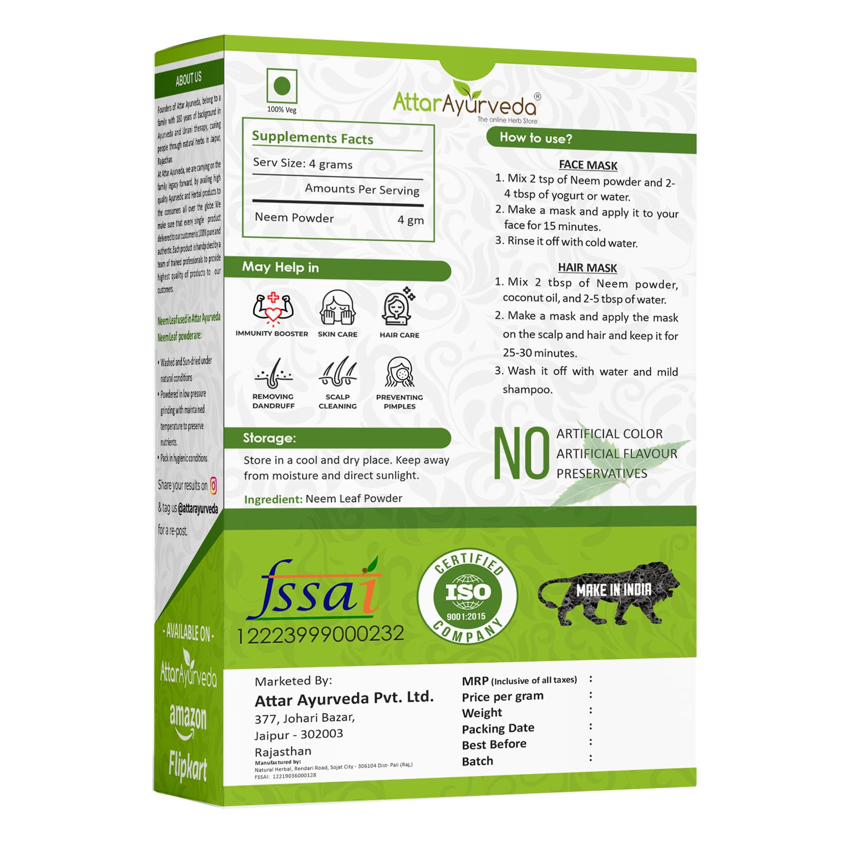 Attar Ayurveda Neem powder for Face, Skin and Hair (200 grams) – view 2