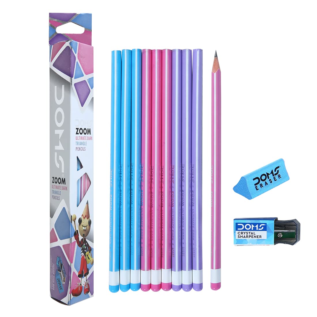 Doms black triangular wooden pencils pack with eraser and sharpener
