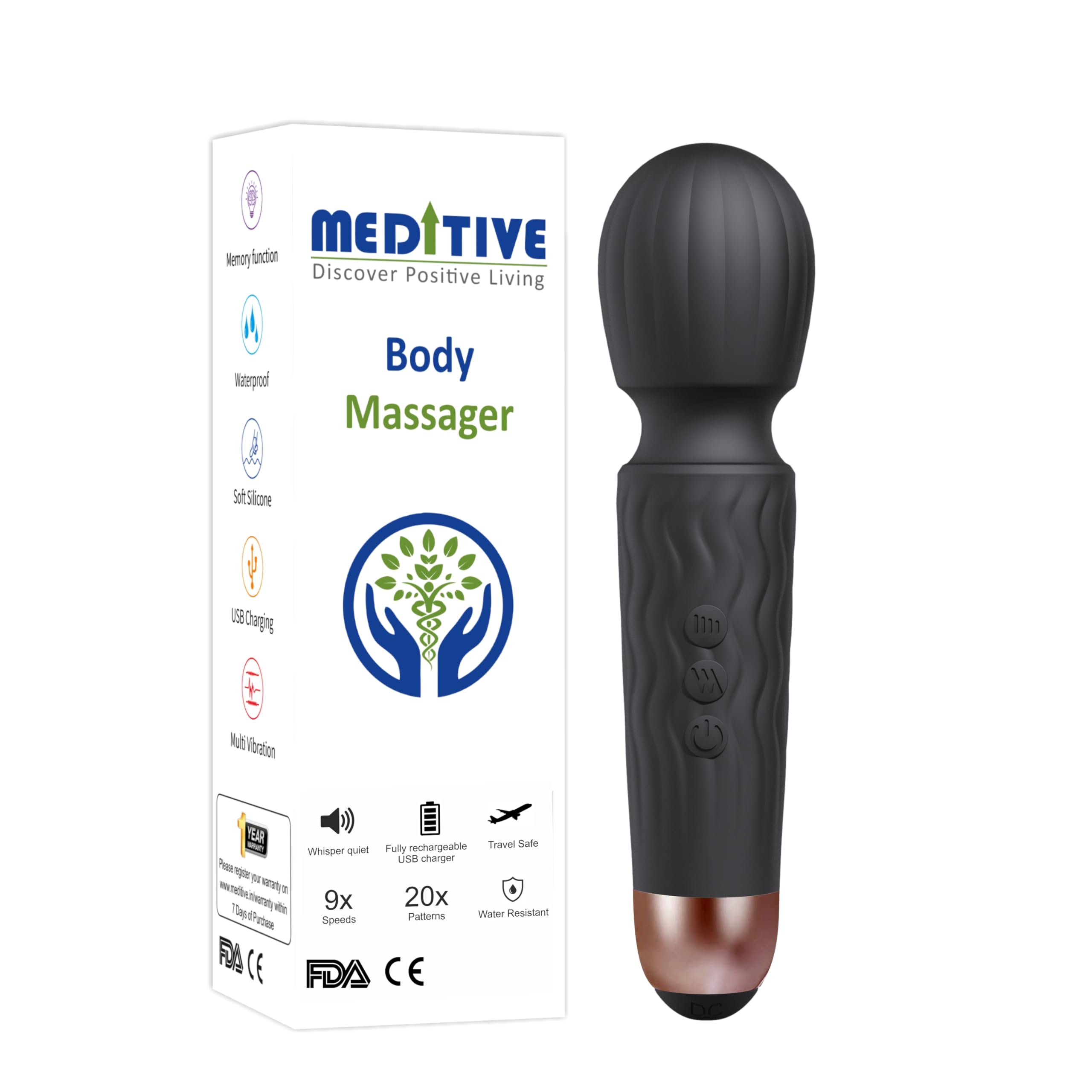 Meditive Body Massager for Full Body Pain Relief, Deep Tissue Massage Machine with Multiple Modes & Adjustable Speeds (Black)