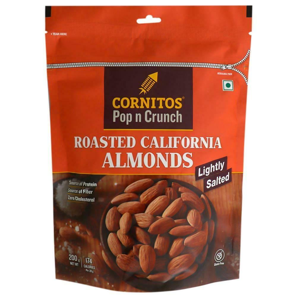 Hand-picked roasted almonds lightly salted in stand-up zip lock pack