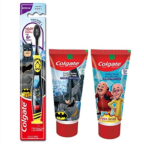 Black Colgate kids toothbrush and Bubble Fruit toothpaste pack with cover