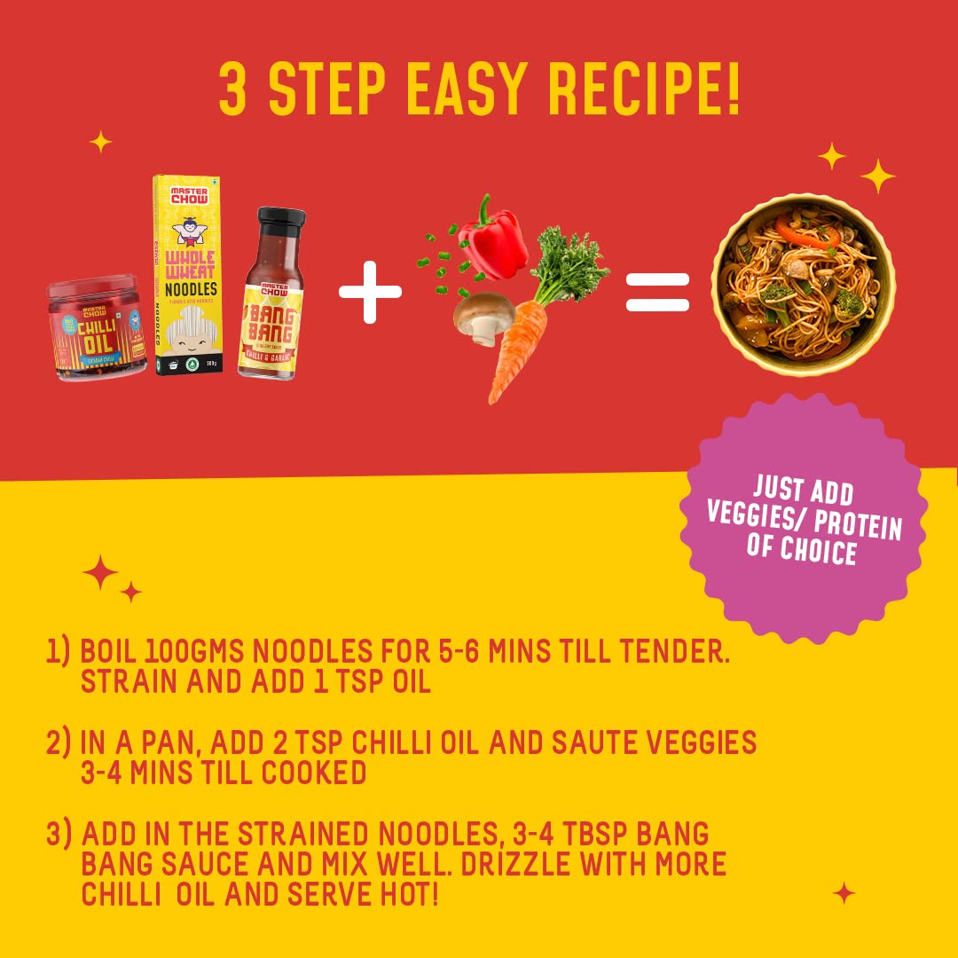 MasterChow Sizzling Oil Noodle Pack - Spicy & Crunchy Chilli Oil Dip with Healthy Whole Wheat Noodles & Bang Bang Chilli Garlic Stir-Fry Cooking Sauce – view 5