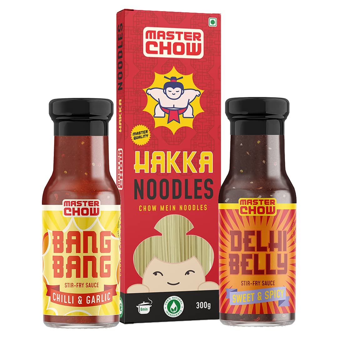 MasterChow Hakka noodles combo with Bang Bang and Delhi Belly sauces