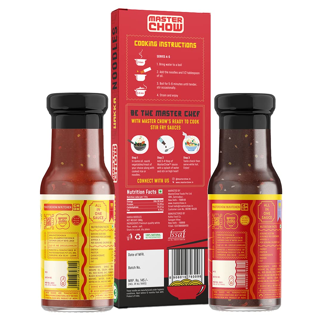 MasterChow Sweet and Spicy Noodle Pack - Hakka Noodles (300g) + Chilli & Garlic Bang Bang (220g)+ Sweet & Spicy Delhi Belly (220g) cooking sauce – view 2