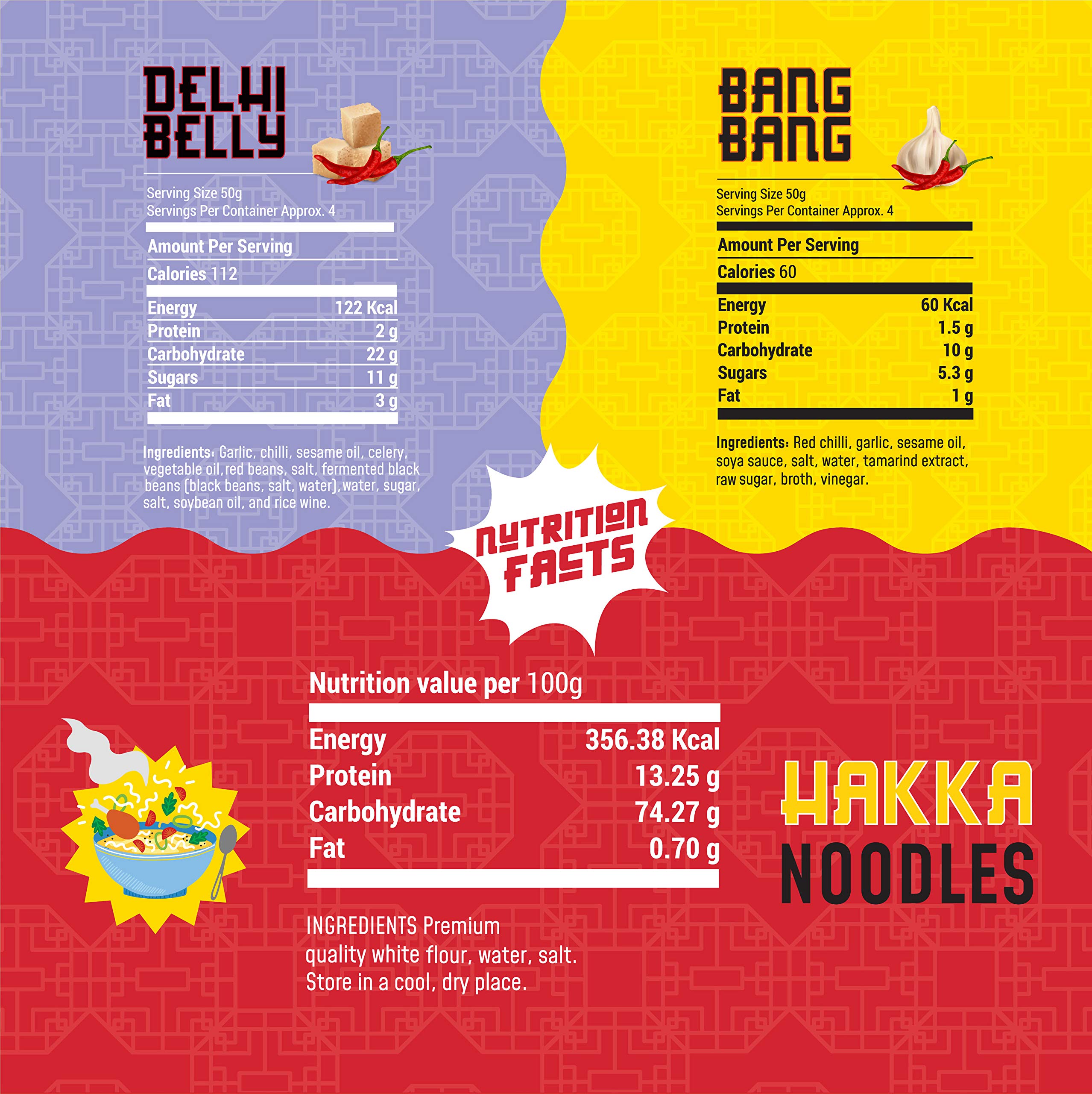 MasterChow Sweet and Spicy Noodle Pack - Hakka Noodles (300g) + Chilli & Garlic Bang Bang (220g)+ Sweet & Spicy Delhi Belly (220g) cooking sauce – view 3