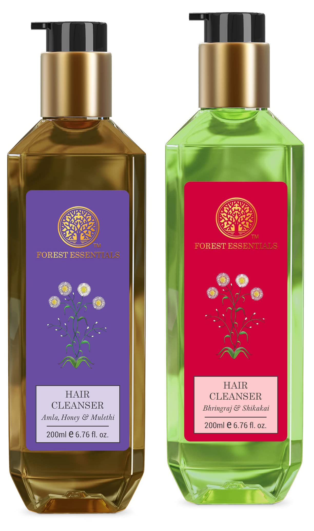 Forest Essentials two-bottle hair cleanser set with herbal ingredients