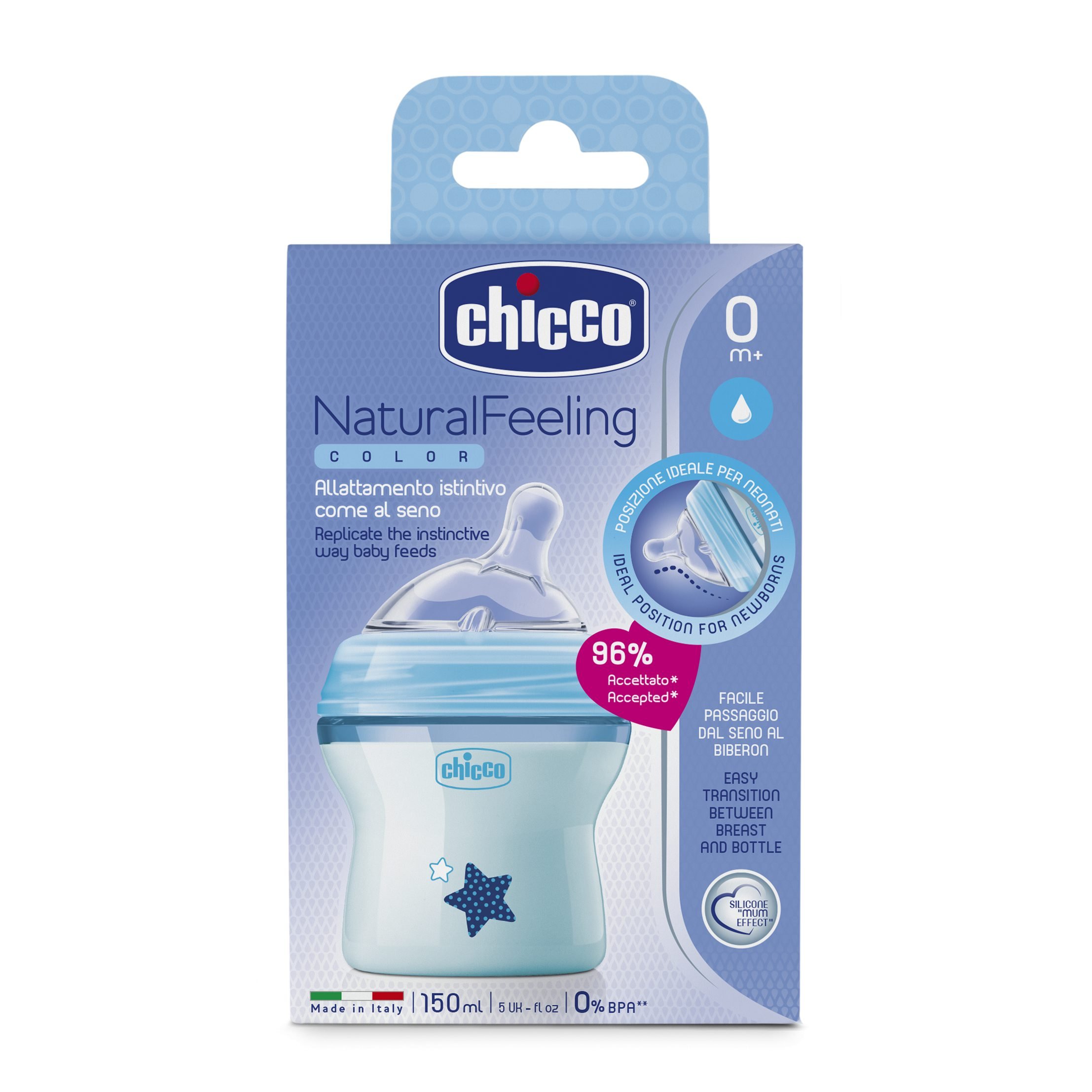 Chicco Natural Feeling 150ml Baby Milk Feeding Plastic Bottle with Wide Neck, Anti-Colic for Easy Milk Flow, for Babies & Toddlers 0m+, (Blue) – view 3