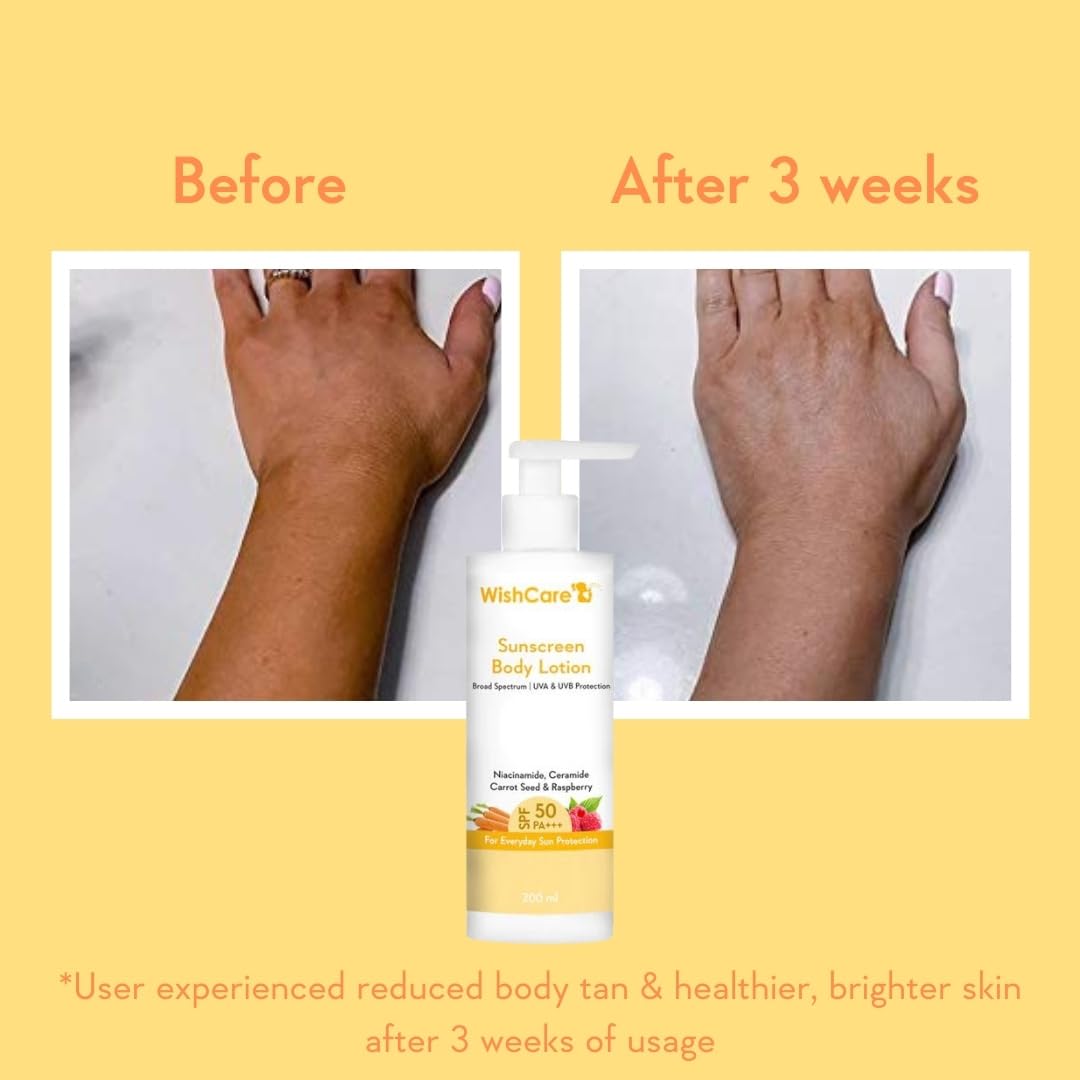 WishCare Sunscreen Body Lotion For All Skin Type with SPF 50 PA+++ - Broad Spectrum UVA & UVB Protection, No White Cast, Enriched with Carrot Seed & Raspberry - Body Sunscreen Lotion 200ml – view 3
