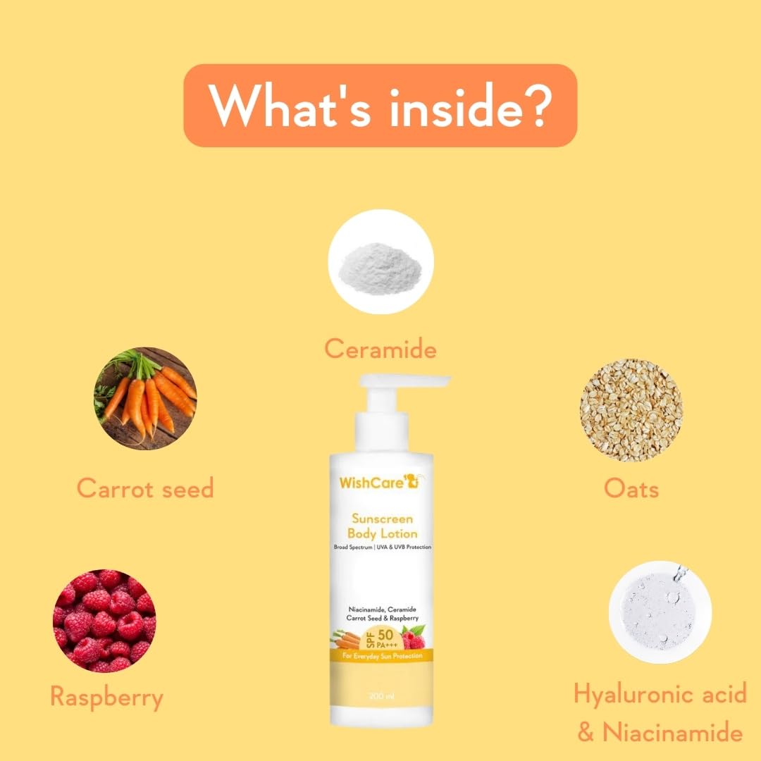 WishCare Sunscreen Body Lotion For All Skin Type with SPF 50 PA+++ - Broad Spectrum UVA & UVB Protection, No White Cast, Enriched with Carrot Seed & Raspberry - Body Sunscreen Lotion 200ml – view 5