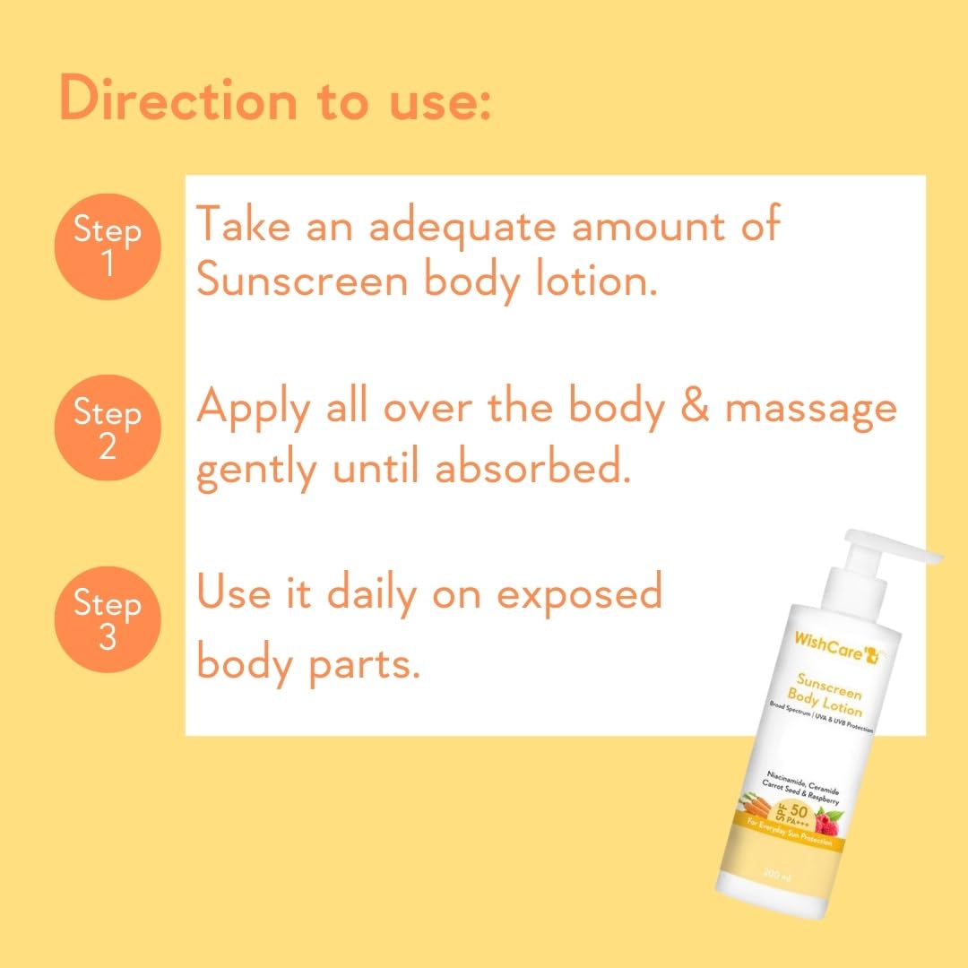 WishCare Sunscreen Body Lotion For All Skin Type with SPF 50 PA+++ - Broad Spectrum UVA & UVB Protection, No White Cast, Enriched with Carrot Seed & Raspberry - Body Sunscreen Lotion 200ml – view 6