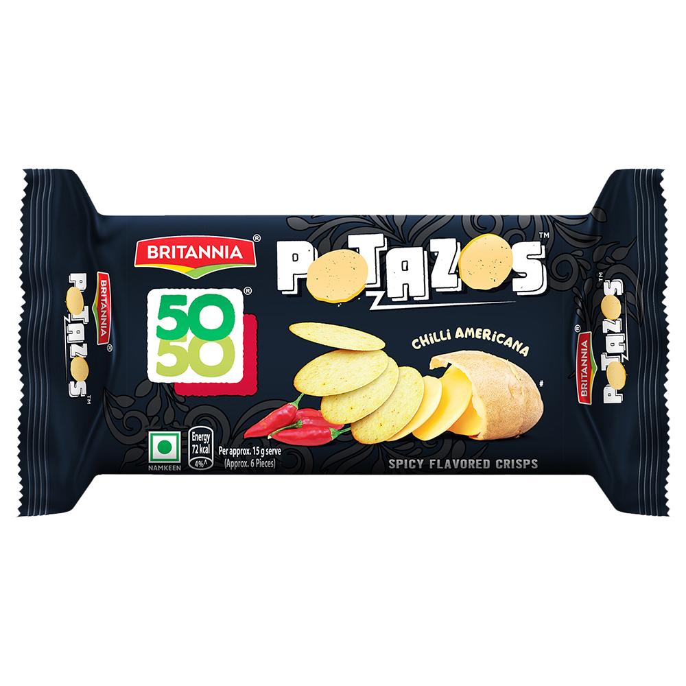 Britannia 50-50 Potazos Chilli Americana spicy flavoured crisps pack front