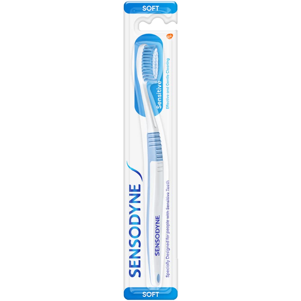 Adult soft bristle manual toothbrush by Sensodyne with oval head